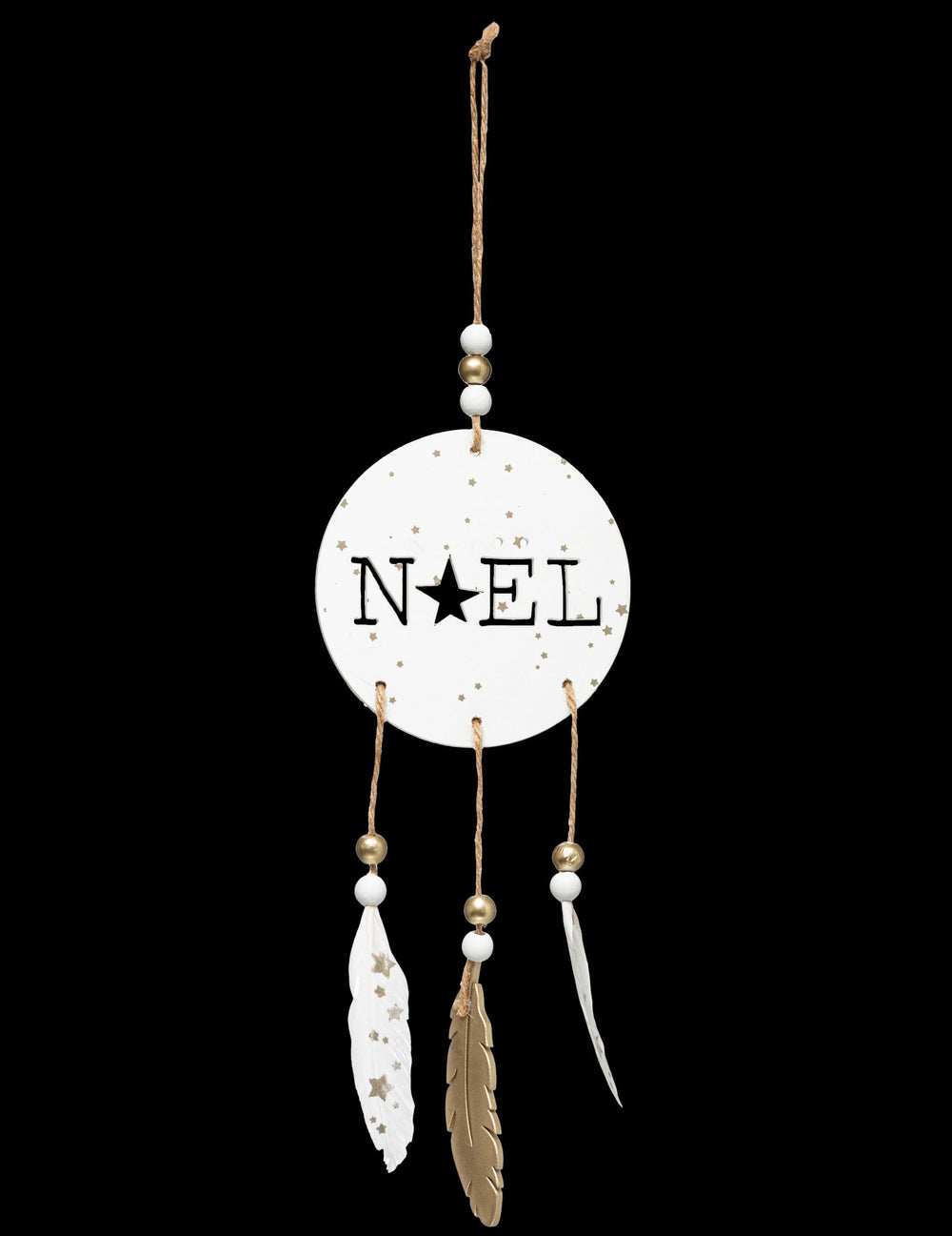 Suspension en bois Noël boho et plumes pour décoration blanc et doré