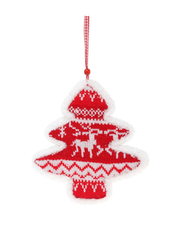 Závesná dekorácia v tvare červenej a bielej jedle 20 cm Vzor na vianočný sveter
