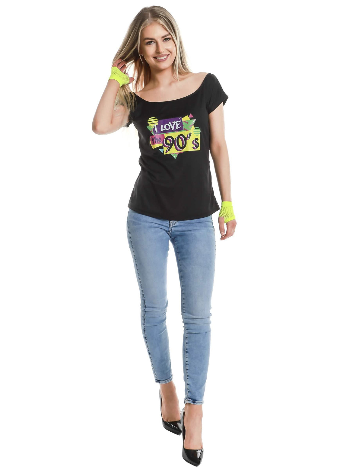 T-shirt I love the 90's pour femme noir avec logo coloré et gants résille jaune fluo