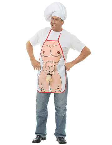 Tablier sexy zizi pour adulte blanc avec corps musclé et relief humoristique