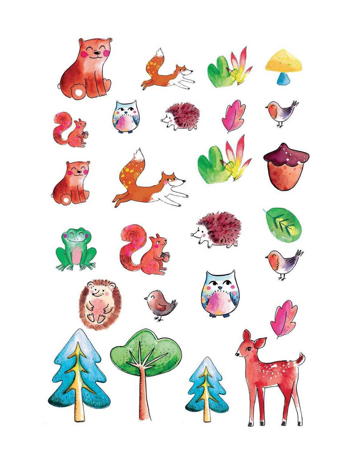 Tatouages animaux de la forêt pour enfant multicolores style aquarelle