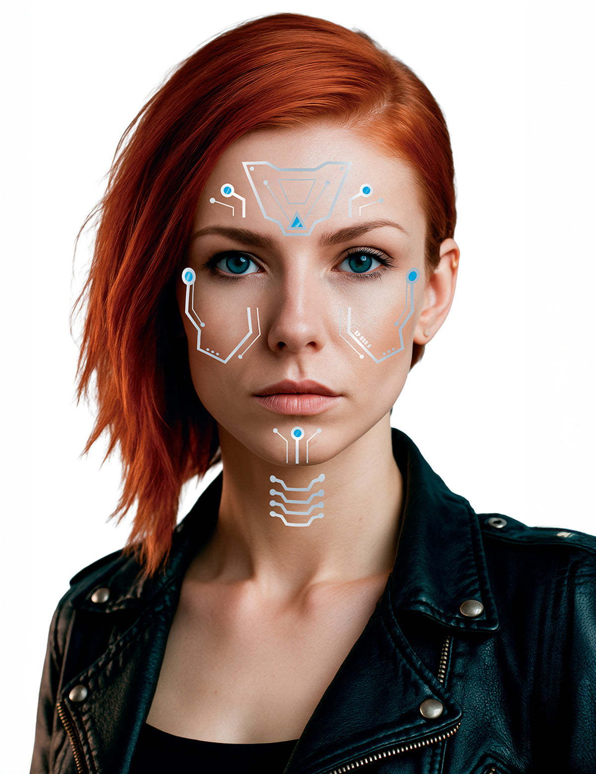 Gros plan sur les motifs des tatouages pour visage robot futuriste