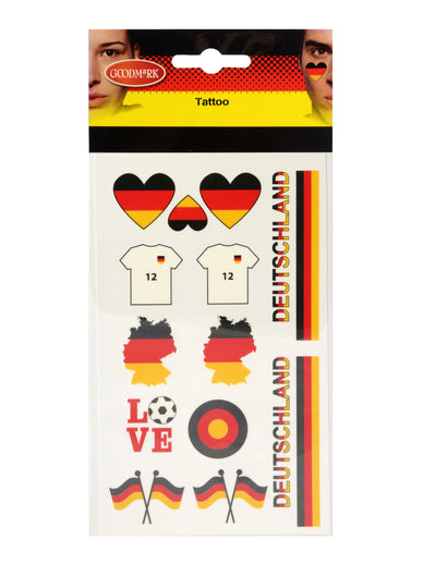 Tatouages temporaires Allemagne pour supporter noir rouge et jaune avec cœurs et drapeaux