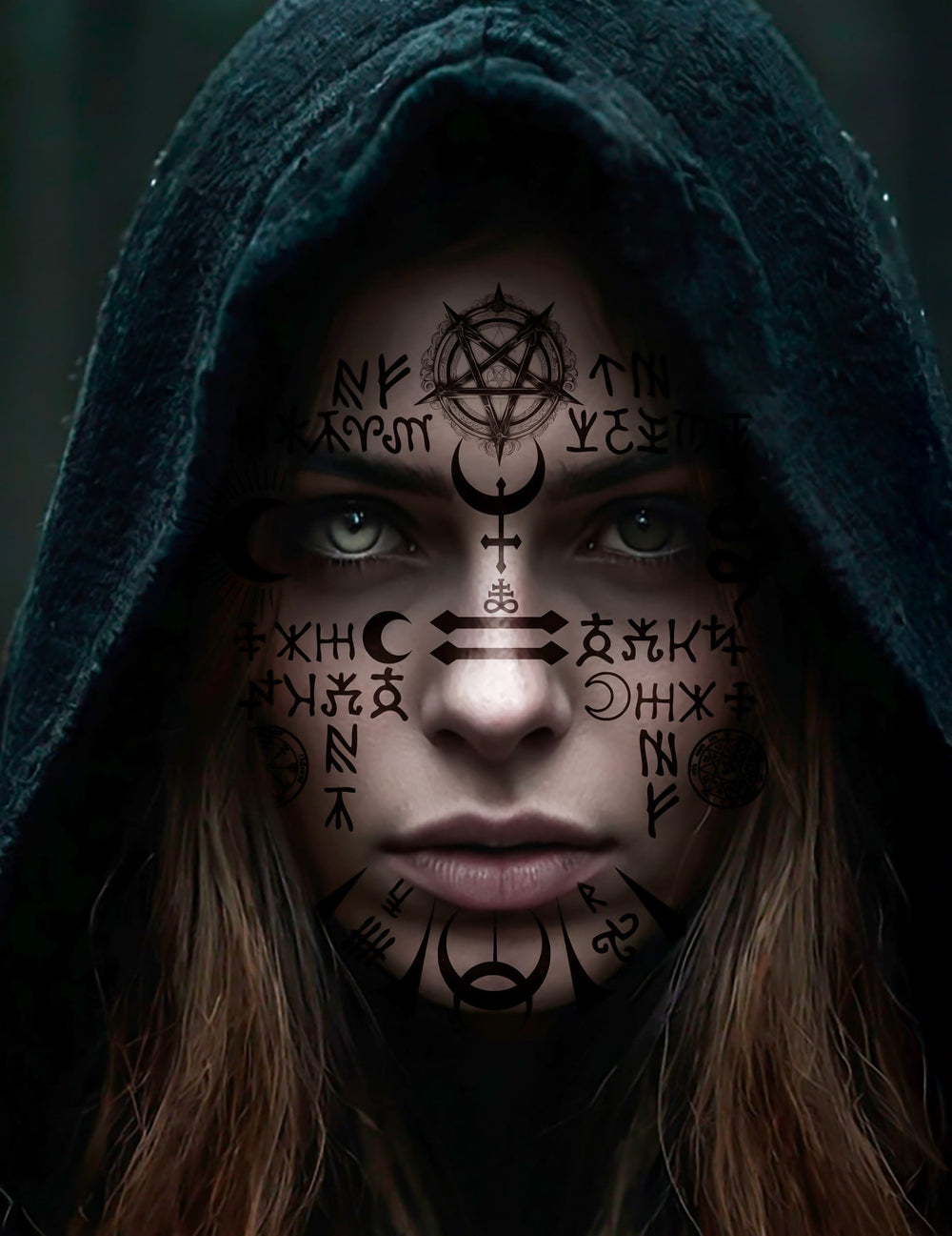 Tatouages visage satanique pour adulte noirs avec pentagramme et symboles occultes