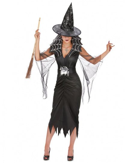 Balíček kostýmu čarodejnice-pavúka pre ženy s metlou a klobúkom na Halloween
