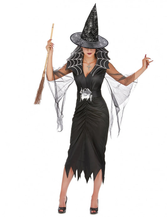 Balíček kostýmu čarodejnice-pavúka pre ženy s metlou a klobúkom na Halloween
