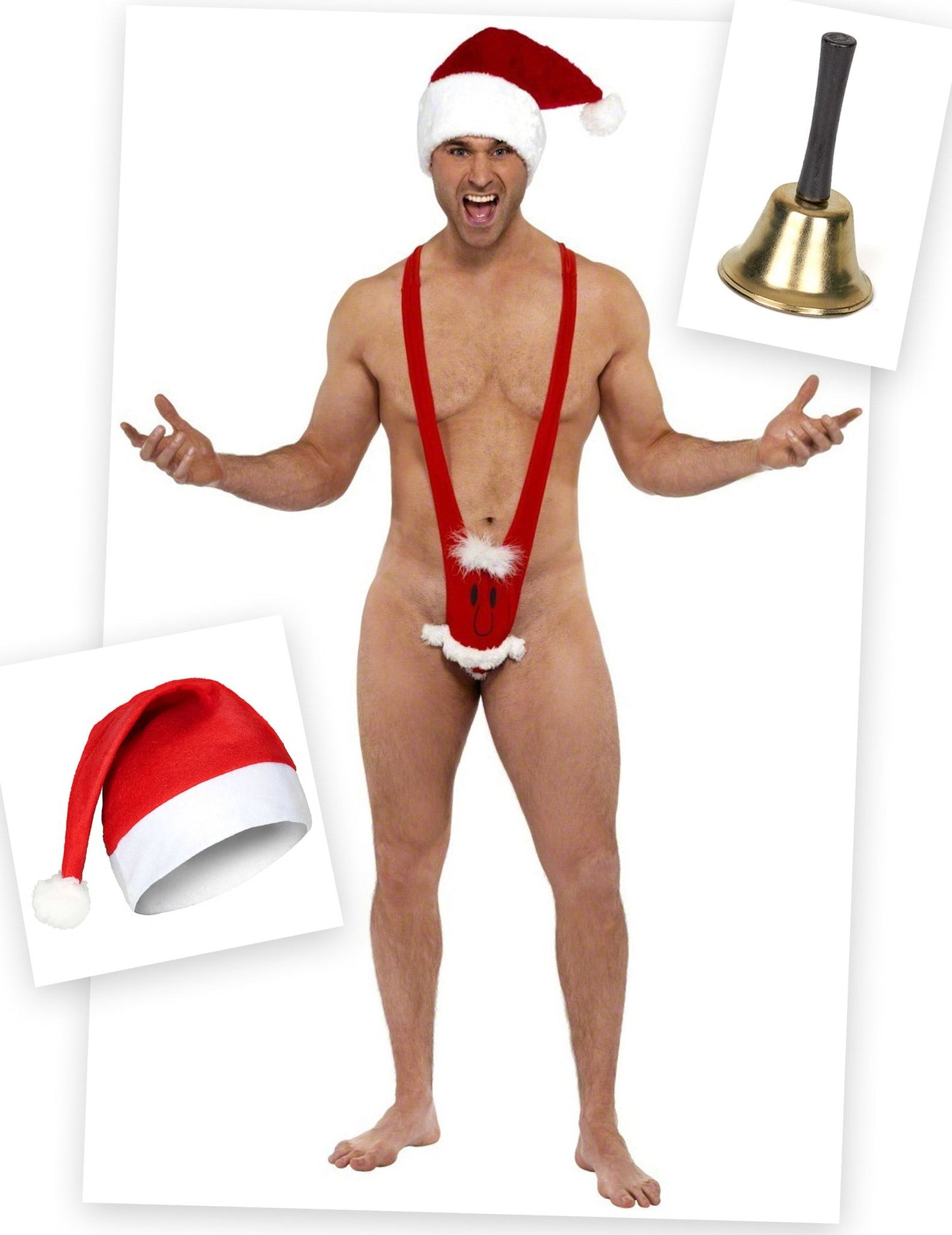 Balíček kostýmu Mankini Santa Clausa s čiapkou a zvončekom