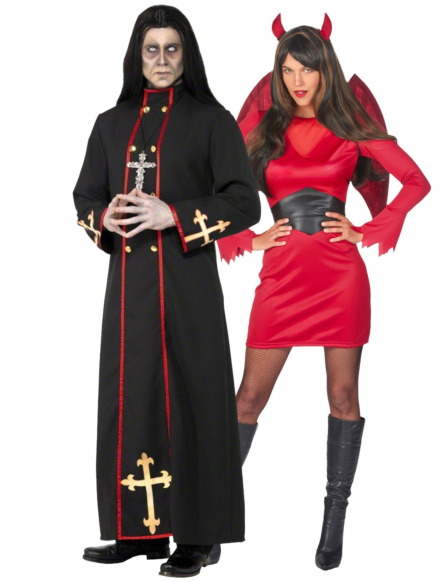 Párový kostým čertice a červeného a čierneho démonického mnícha na Halloween