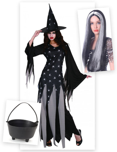 Balíček kostýmu čarodejnice pre ženy s kotlíkom a parochňou na Halloween