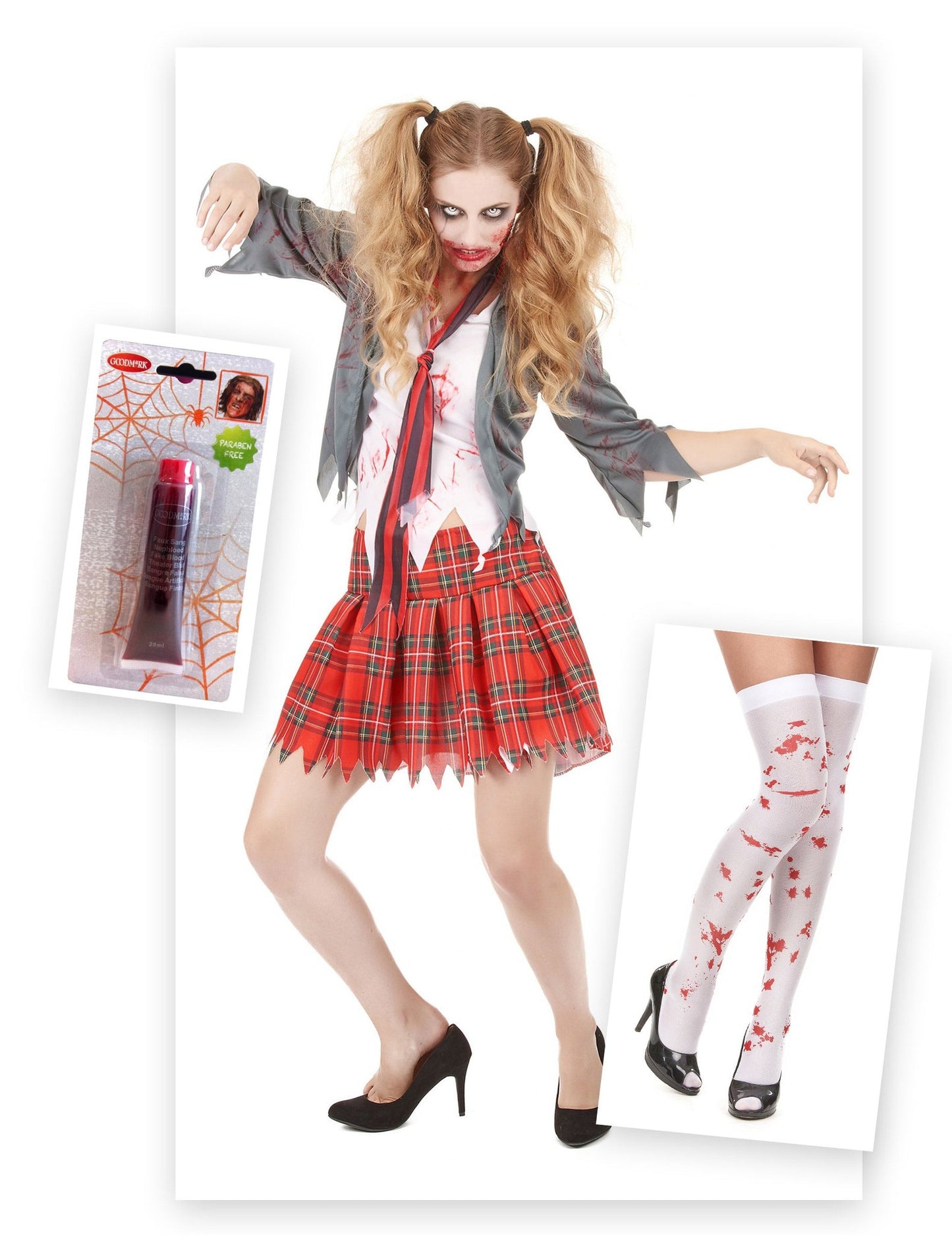 Balíček kostýmu zombie školáčky s falošnou krvou a pančuchami na Halloween