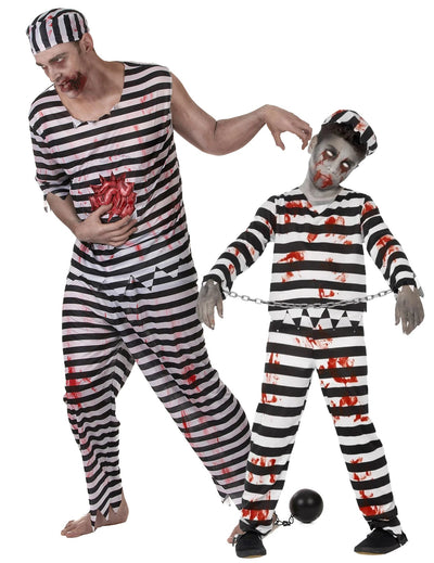 Strašidelný zombie väzenský kostým pre pár otec a syn na Halloween