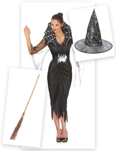 Balíček kostýmu čarodejnice-pavúka pre ženy s metlou a klobúkom na Halloween