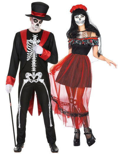 Elegantný párový kostým kostry Día de los Muertos červený a čierny Halloween pre dospelých