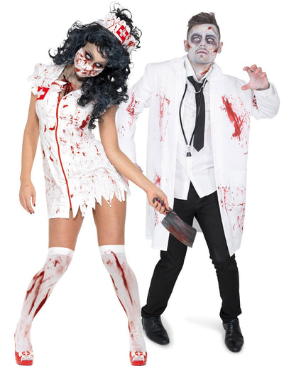 Pár kostým zombie lekára a zdravotnej sestry na Halloween pre dospelých