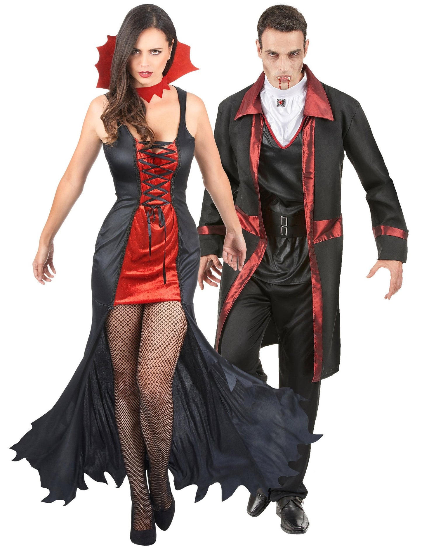 Párty kostým upírskeho páru na Halloween, červený a čierny, pre dospelých