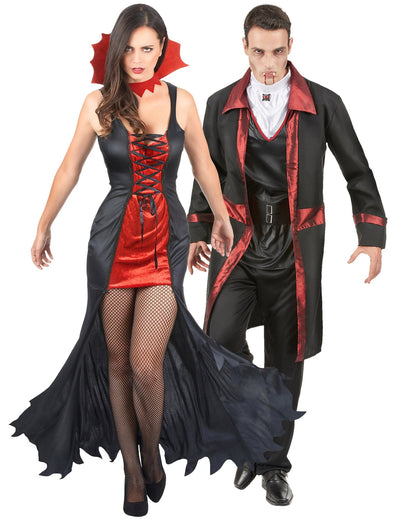 Párty kostým upírskeho páru na Halloween, červený a čierny, pre dospelých