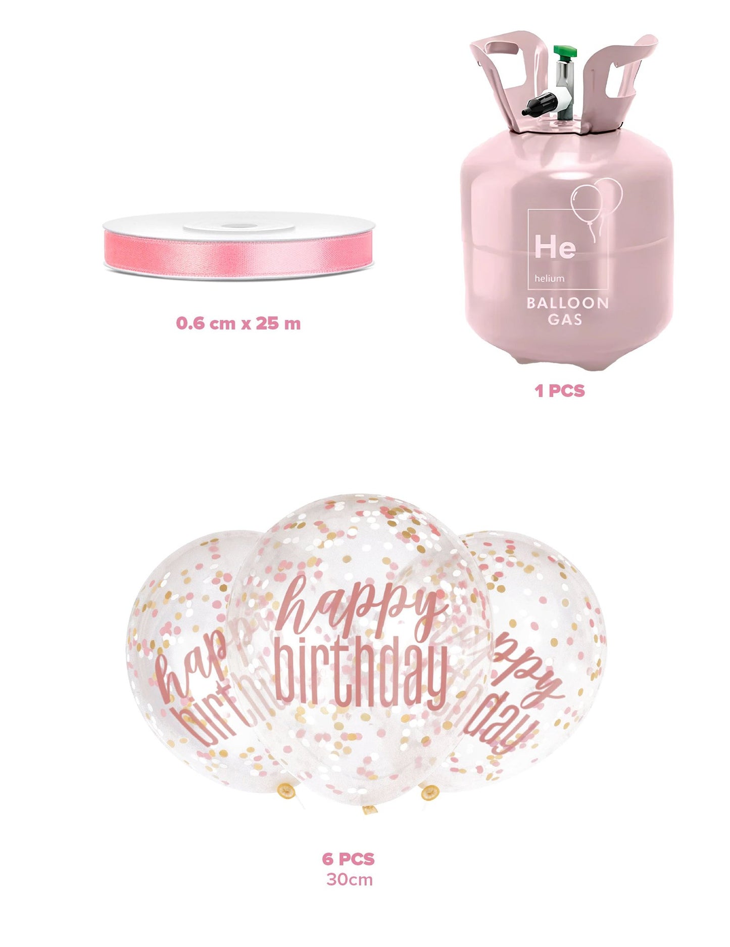 Súprava héliovej fľaše so 6 balónmi s konfety Happy Birthday a stuhou