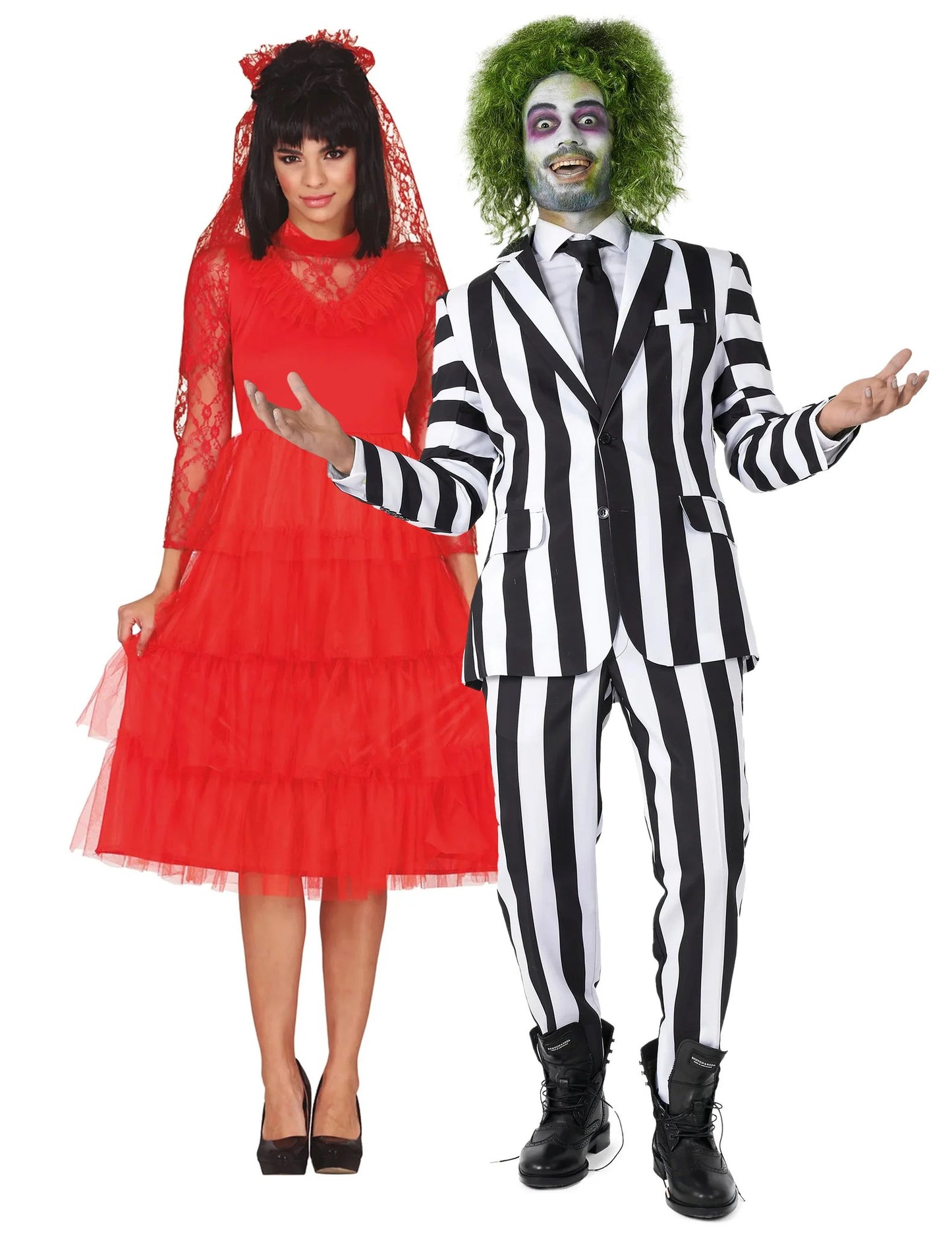 Dvojica kostýmov Beetlejuice™ a červená nevesta pre dospelých