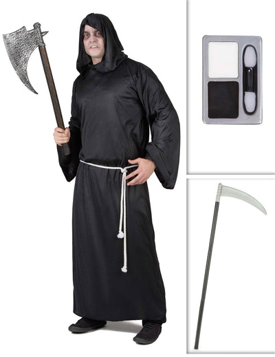 Balíček kostýmu zberača duší s kosou a halloweenským líčením