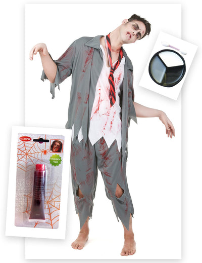 Balíček kostýmu zombie pre mužov s umelou krvou a halloweenským make-upom