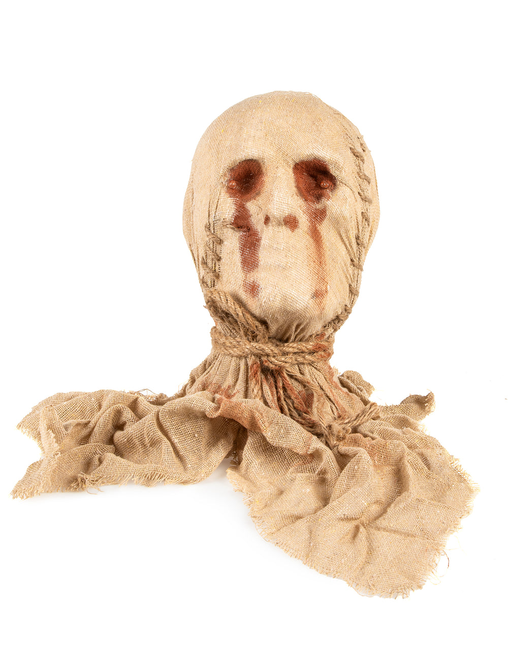 Tête de momie lumineuse pour décoration beige en toile de jute avec sang
