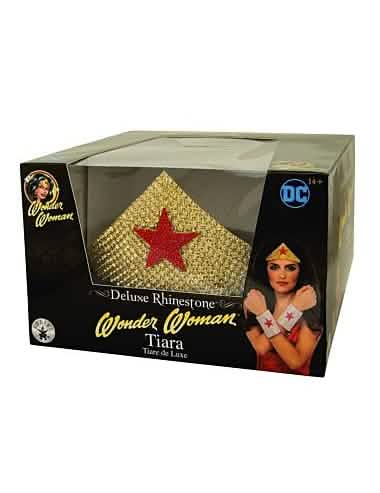 Luxusná diadém so štrasom Wonder Woman pre ženu zlatej farby s červenou hviezdou