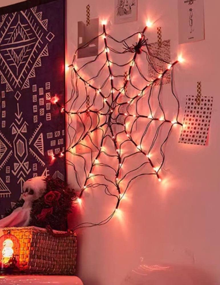 Toile d'araignée lumineuse LED pour décoration noire avec éclairage orange