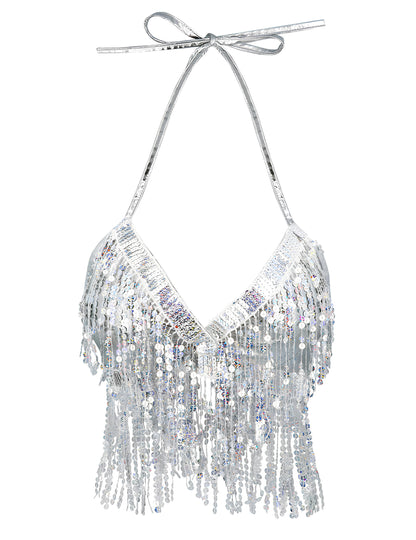 Dámsky strieborný top so strapcami a flitrami