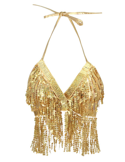 Dámsky zlatý top so strapcami a flitrami