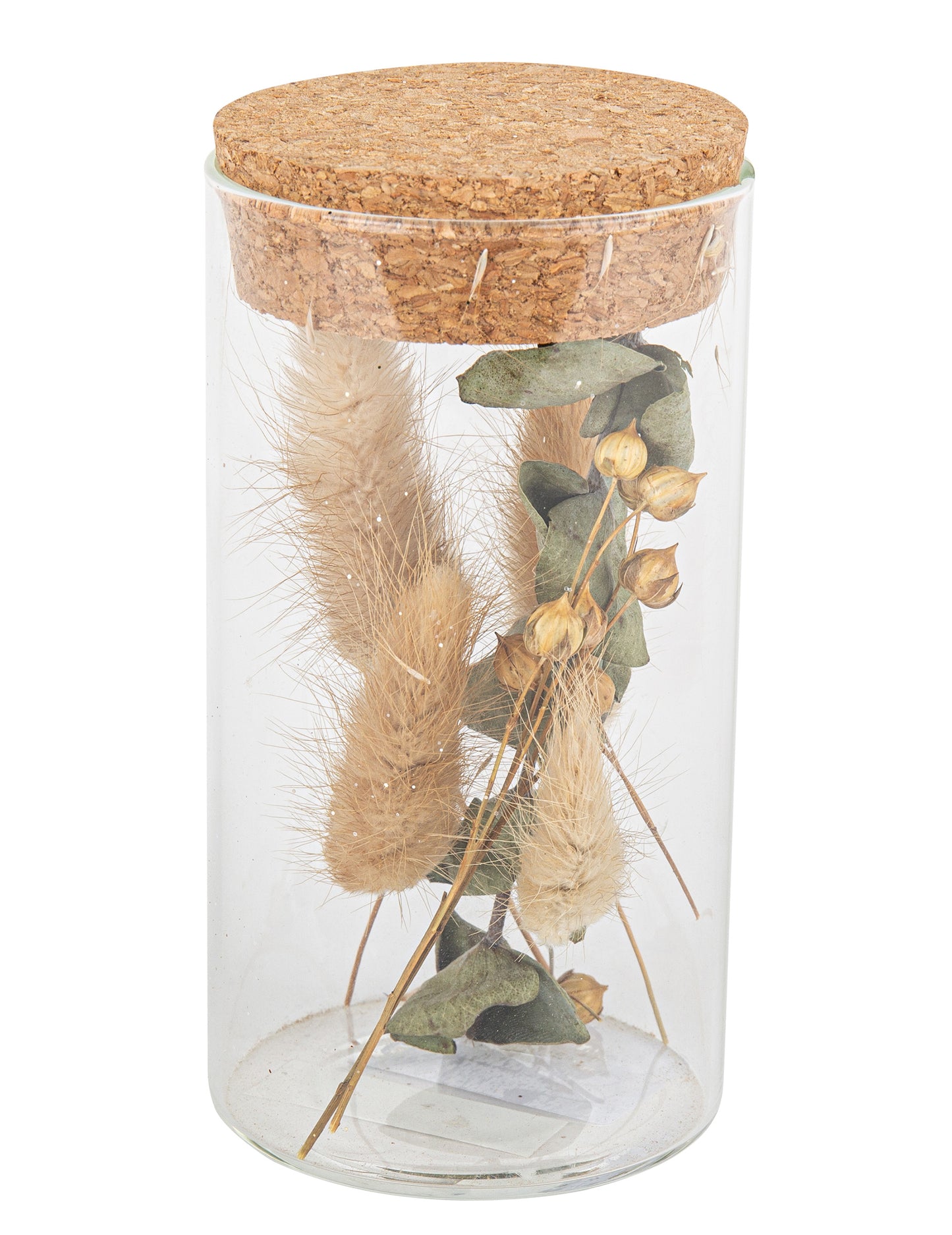 Sklenená nádoba s prachovkami a eukalyptom 12,5 cm, korková zátka
