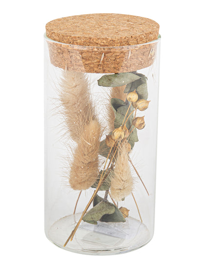 Sklenená nádoba s prachovkami a eukalyptom 12,5 cm, korková zátka
