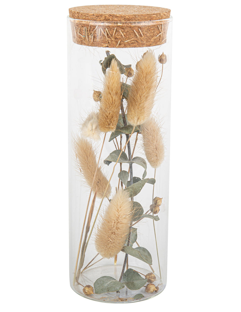 Tube en verre plumeaux et eucalyptus avec bouchon liège beige et vert
