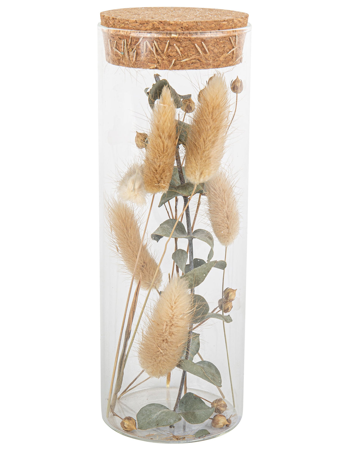 Tube en verre plumeaux et eucalyptus avec bouchon liège beige et vert