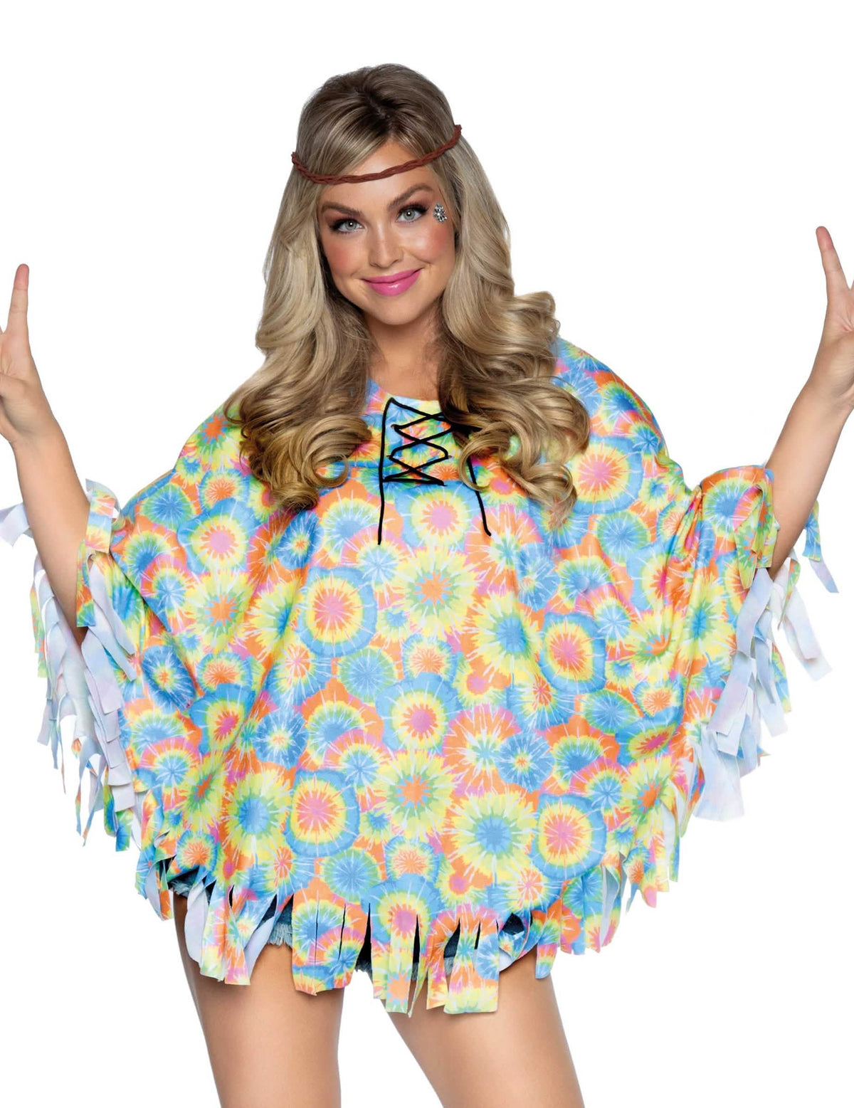 Tunika s hippie čelenkou pre ženu viacfarebné s motívmi tie-dye a strapcami