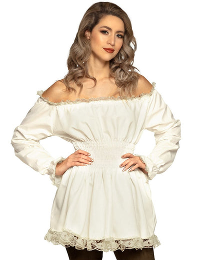 Tunique renaissance pour femme blanche avec dentelle et épaules dénudées