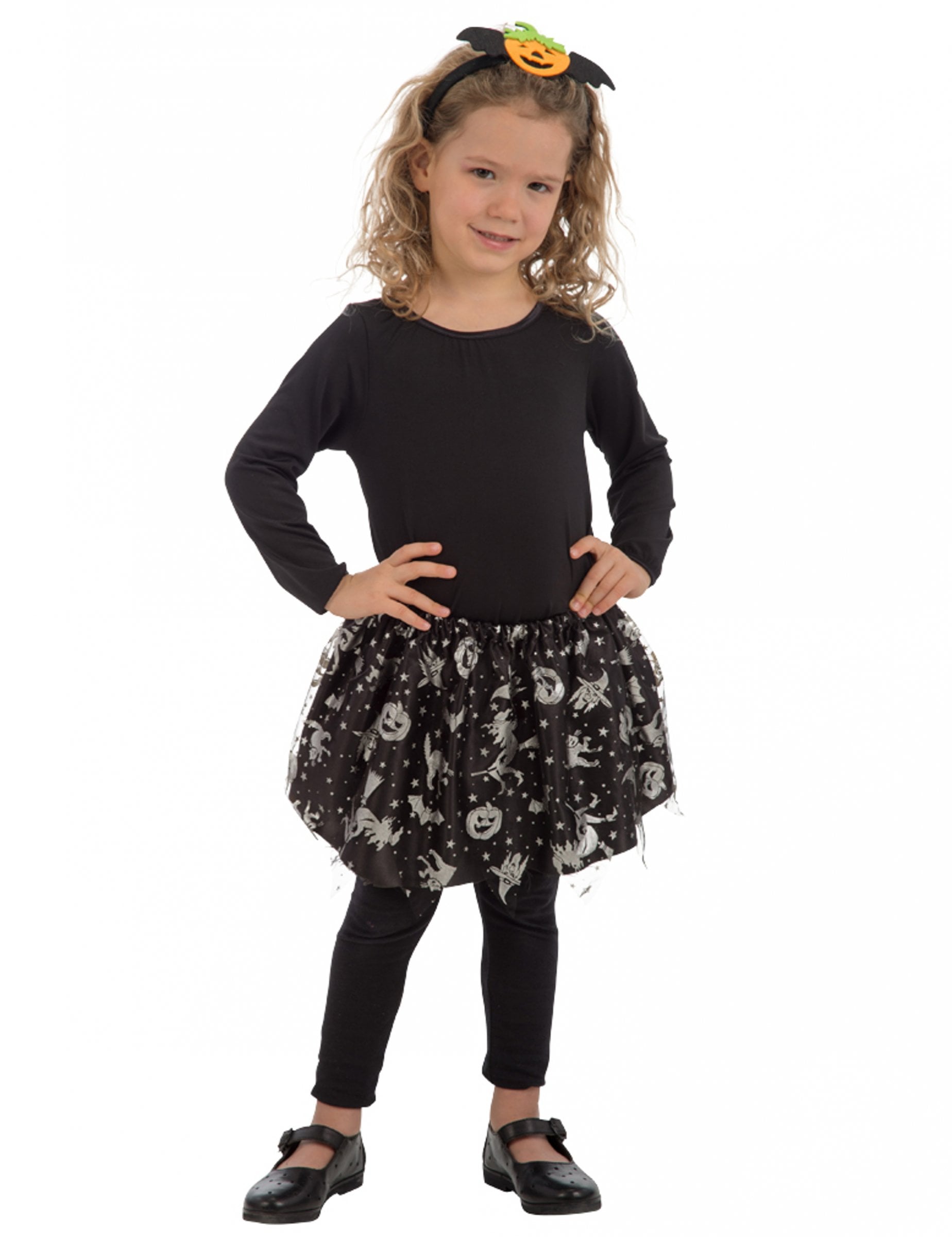 Tutu Halloween pour fille noir et argent avec motifs de citrouilles et sorcières