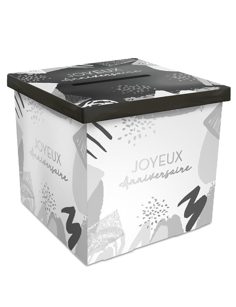 Urne en carton Joyeux anniversaire blanc et argenté