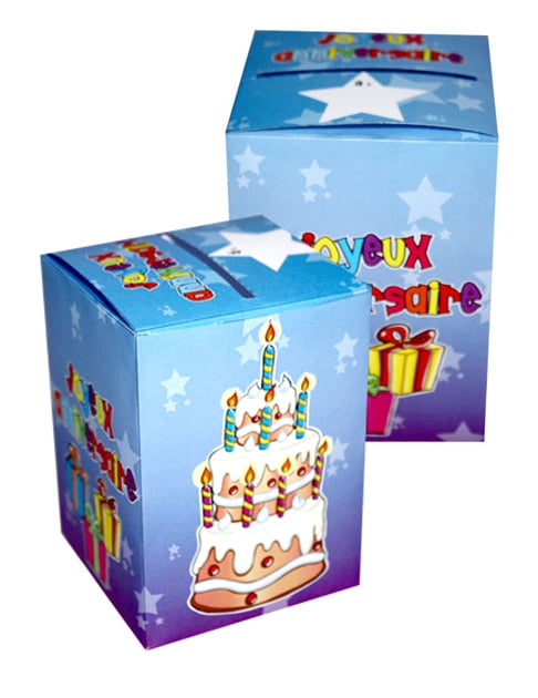 Urne Joyeux Anniversaire bleue avec décor gâteau et étoiles