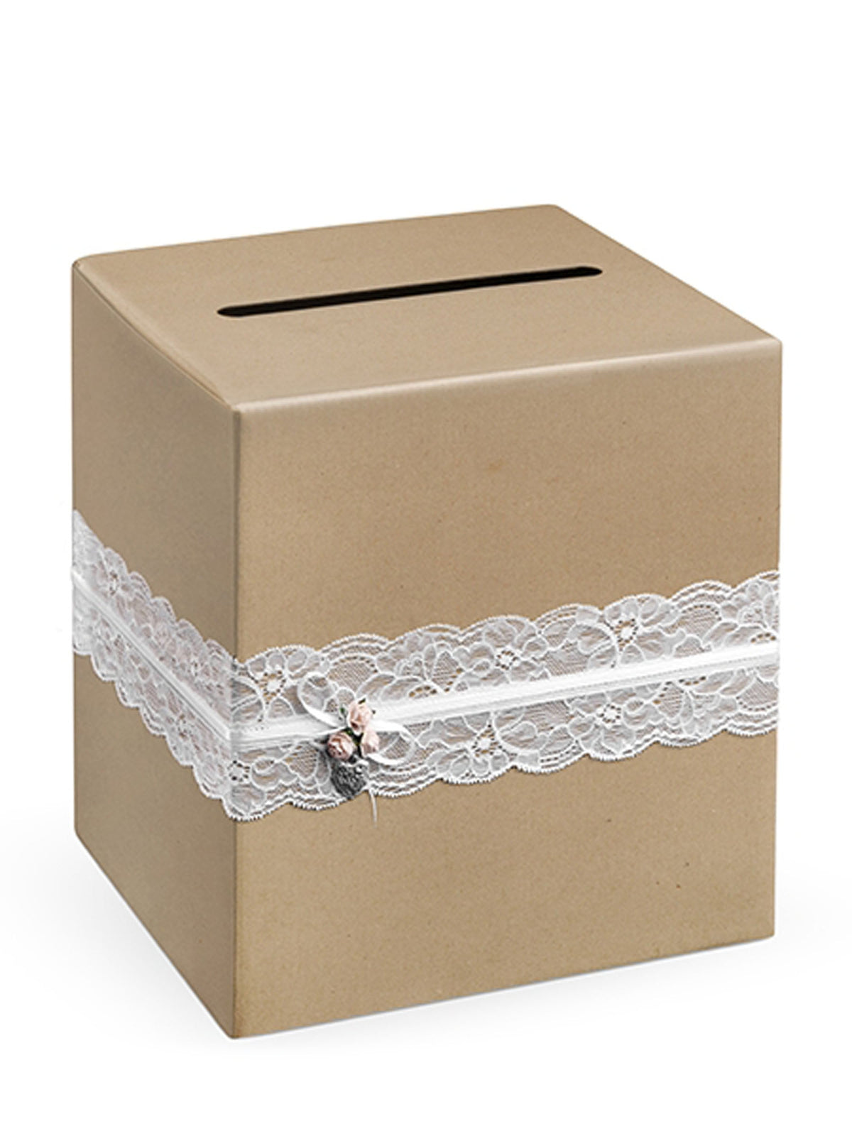 Urne mariage champêtre kraft avec dentelle blanche