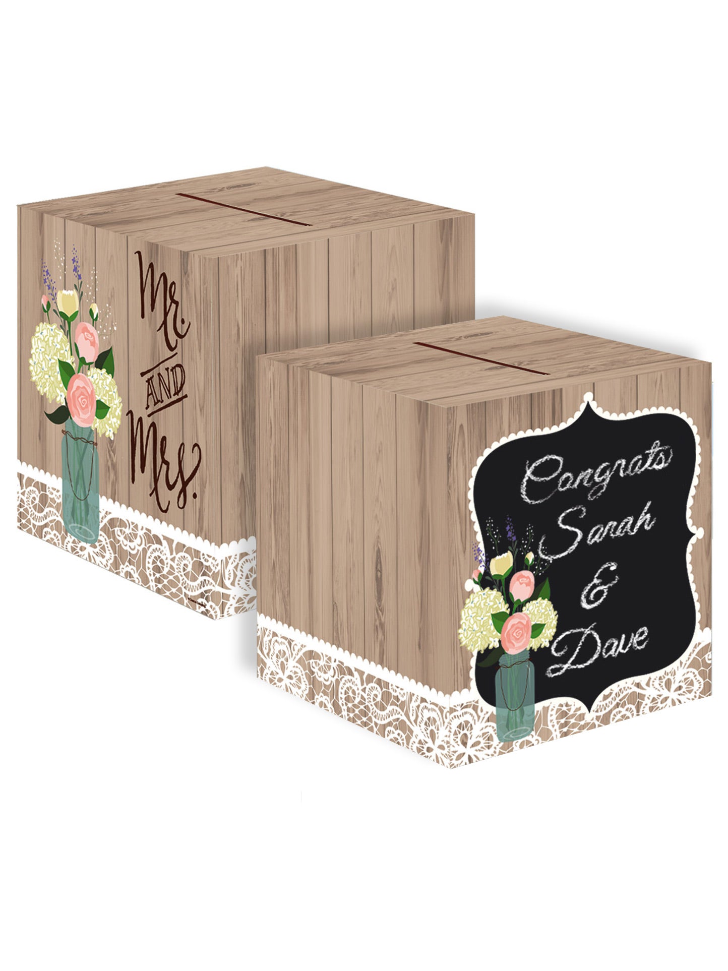 Prispôsobiteľná kartónová volebná urna Pán a Pani 30 cm rustikálna svadba v lese