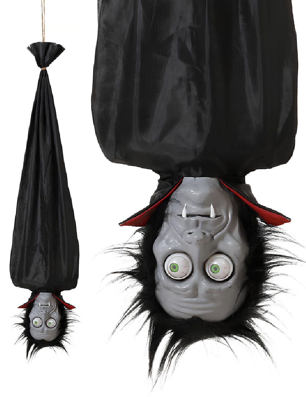 Vampire suspendu lumineux et sonore pour Halloween noir et gris aux yeux verts