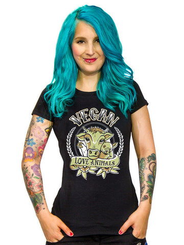 Vegan Girlie tričko - Vegan Love Animals čierne-viacfarebné 