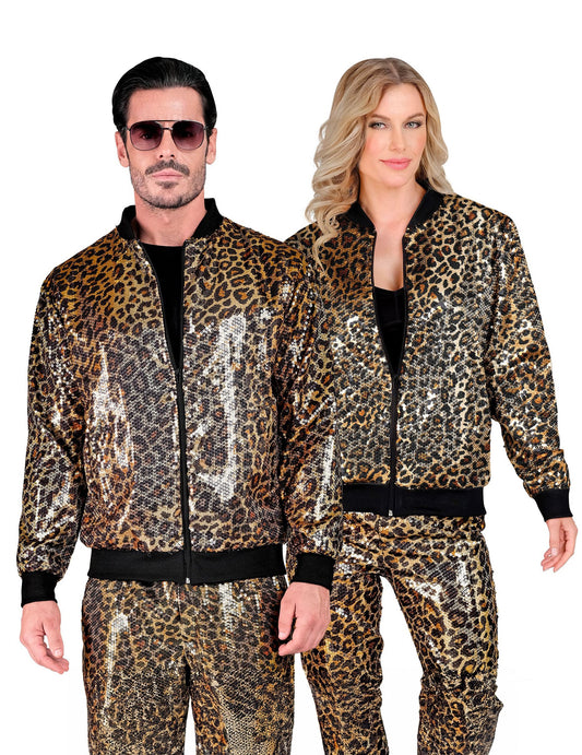 Vue de face du couple de la veste à sequins léopard