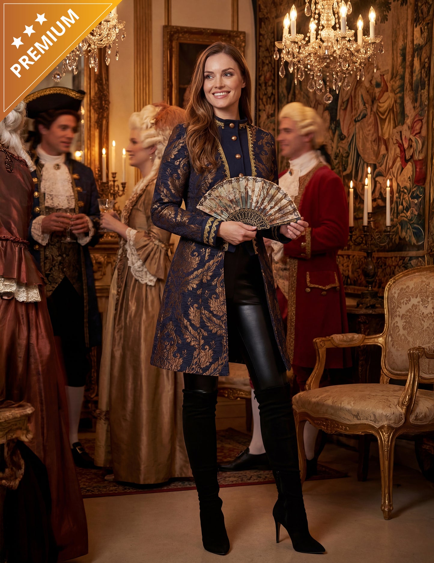 Dámska luxusná vyšívaná baroková bunda v modrej farbe