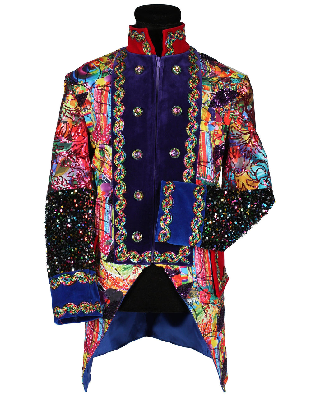 Détail des broderies et sequins de la veste de carnaval style Fiesta Carnavale