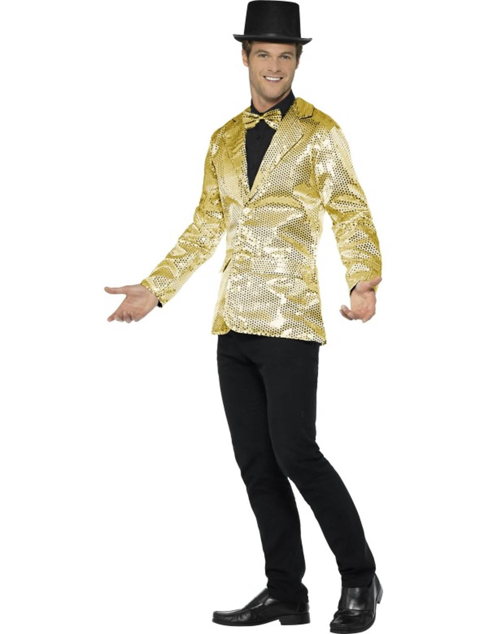 Bočný pohľad na disco sako pre muž zlatá s luxusnými flitrami