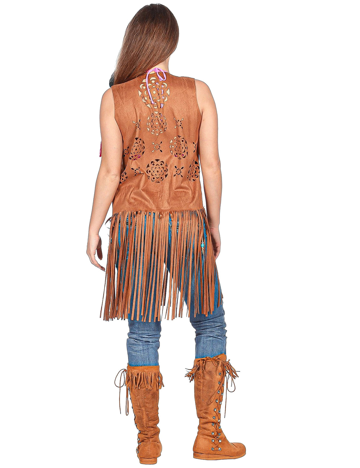 Dlhá hnedá vesta so strapcami hippie pre ženy