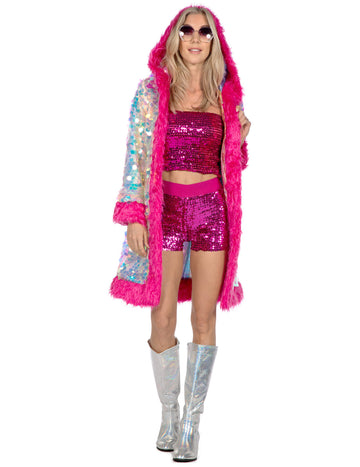 Luxusná dámska dlhá bunda s holografickými flitrami