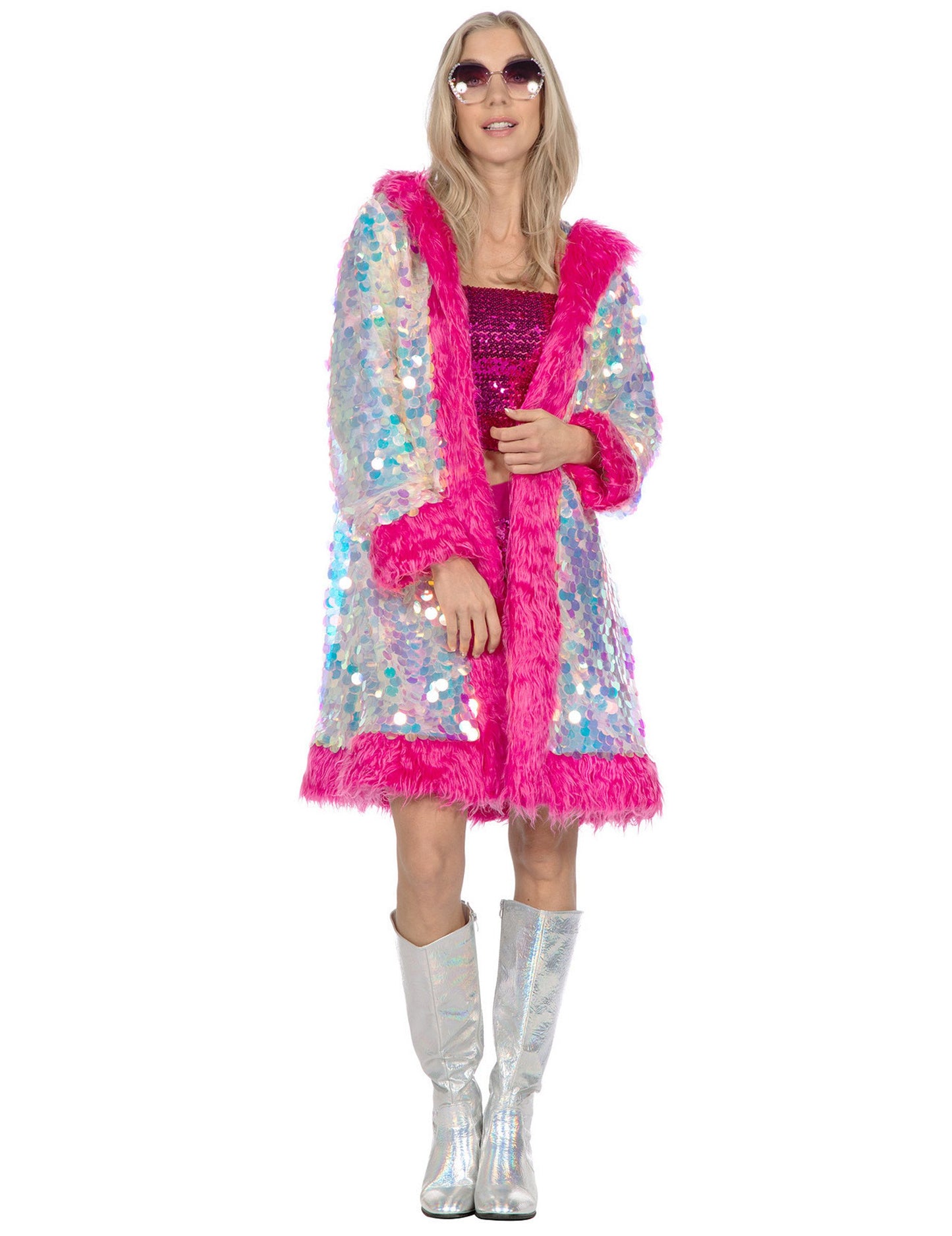 Luxusná dámska dlhá bunda s holografickými flitrami