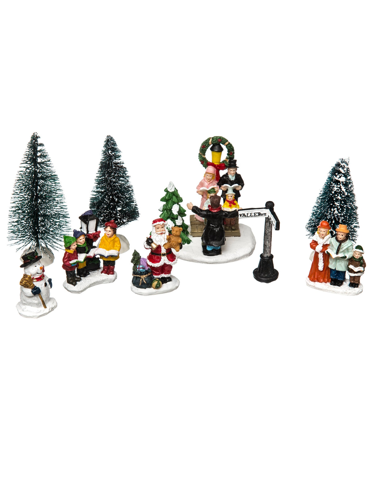Santons de village de noël chorale du père noël pour décoration multicolore avec sapins et bonhomme de neige